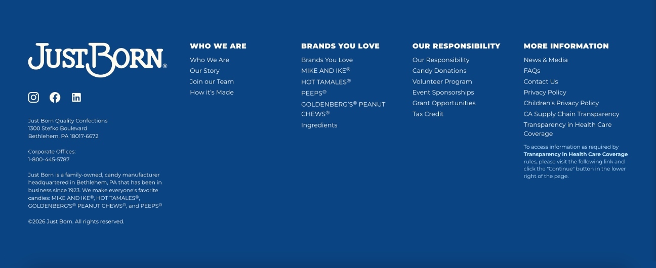 Just Born footer navigation